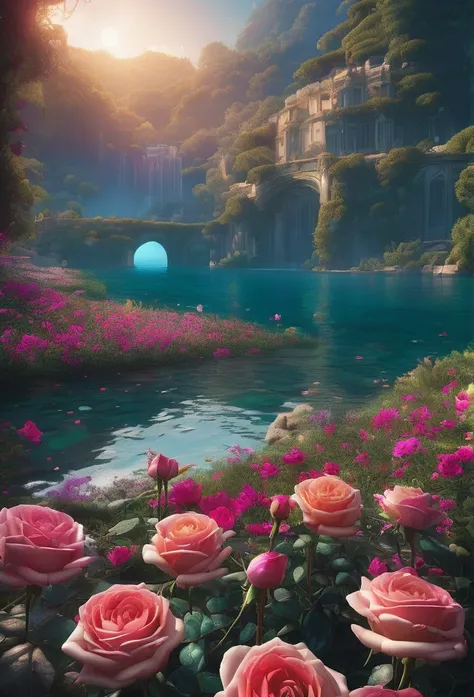 sea of flowers, aesthetic, extremely detailed complex "Shiny Diamond Filigree Rose!!!", a breathtaking epic masterpiece artwork....