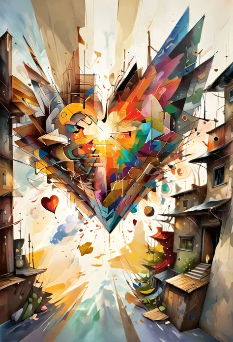 "Visualize a cubist interpretation of a heart, Floating through the sky above a lively and dynamic street. Break the shape down ...