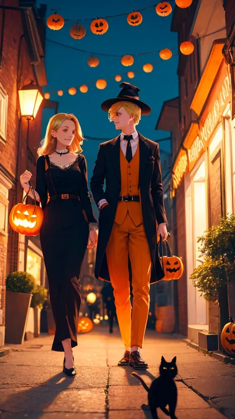 A beautiful young blonde woman and a black cat walking, There are Halloween pumpkins for decoration, Walk through the streets of...