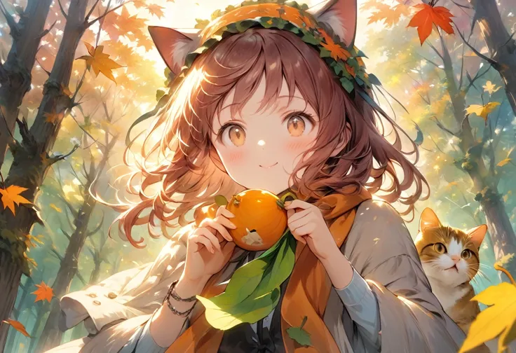 ((Best Quality))、((excellent))、(detailed)、8k、「Whimsical autumn landscape in a pleasant forest。A cheerful woman with flowing aubu...