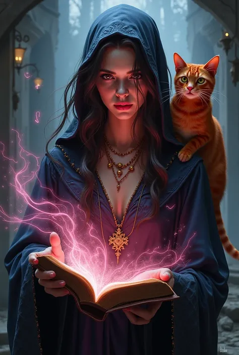 I want a witch with threads coming out of her fingers with a red cat on her shoulder and I have a pink three-leaf book on her si...