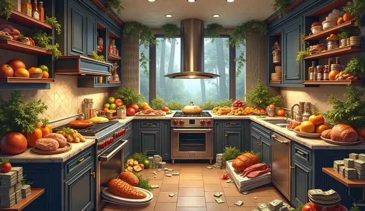 "Kitchen as a Symbol of Abundance"
Illustrate a kitchen brimming with food and money stored in the cabinets. What does it mean t...