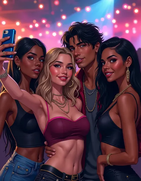 sexy hot Albanian bleach blonde girl in a "smile high club" croptop and gold hoop earrings takes a selfie with weisser dünner Am...