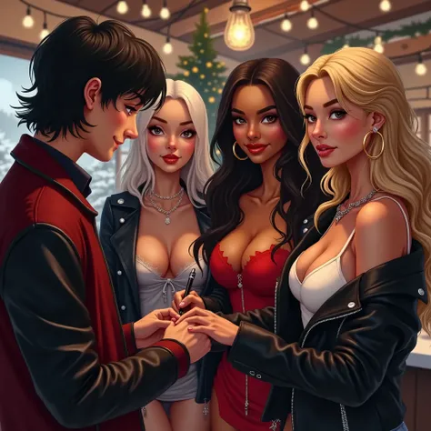 white thin American male 20 years old with medium length black hair with dark red wool college jacket and black leather sleeves,...