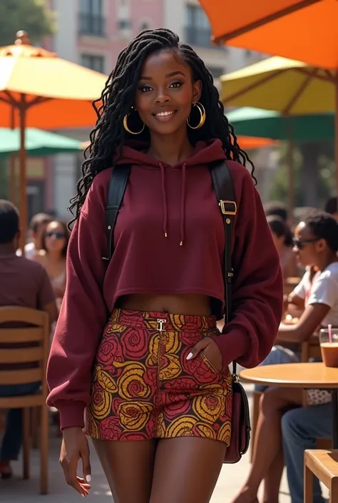 A curvaceous Black woman wearing a cropped, fitted hoodie in maroon, paired with an Ankara-print mini skirt and sneakers. She’s ...
