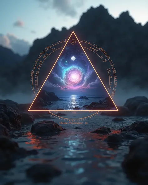 Create a visually striking image that features a large, glowing triangular frame in the center, with cosmic and psychedelic elem...