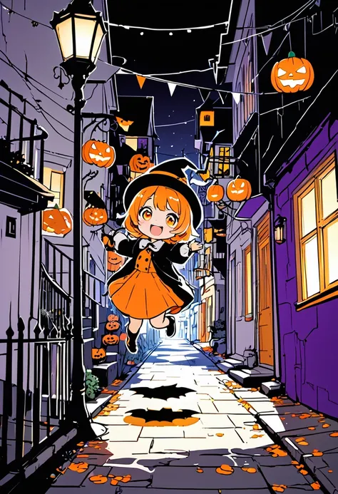 rough sketch-like depiction, conceptual installation fantasy art, kawaii chibi characters of boys and girls, Hello Happy Hallowe...