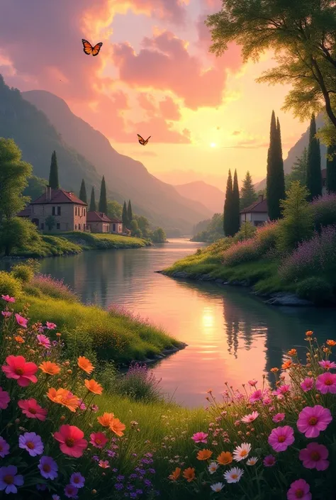 Landscape with pastel colors , flores, butterflies, trees, a river, rustic houses of many colors and the sky at sunset 