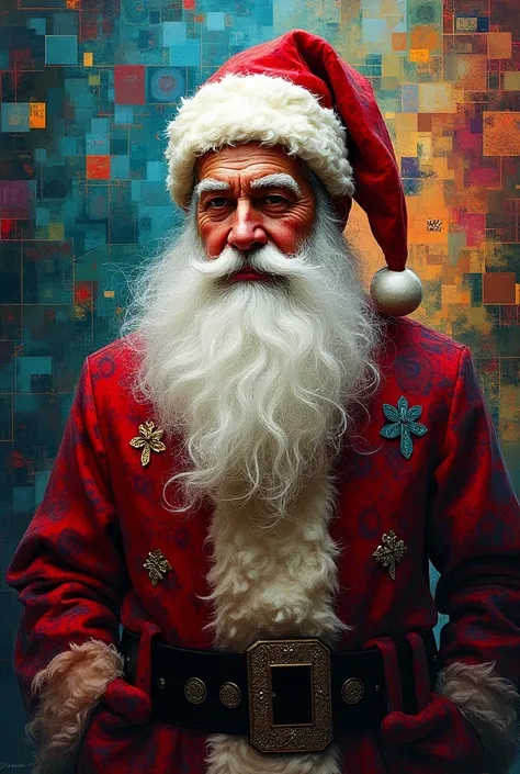 Fusion of art style by Bill Sienkiewicz , patterns ,abstract, father Christmas 