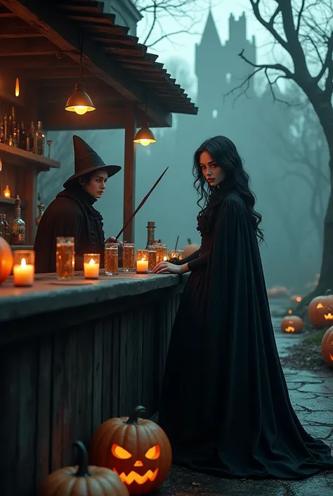 A dark-haired barmaid in a black Victorian dress standing behind a bar covered with a roof, next to the bar are jack-o-lanterns ...