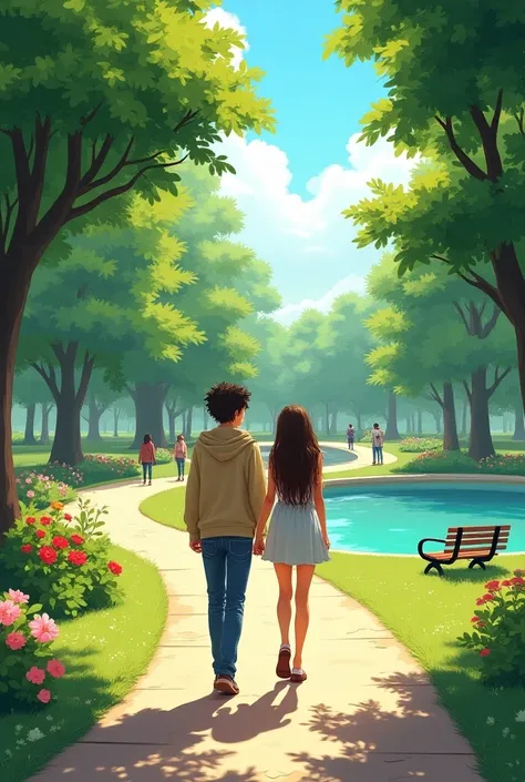 Two teenagers walking in the park 
