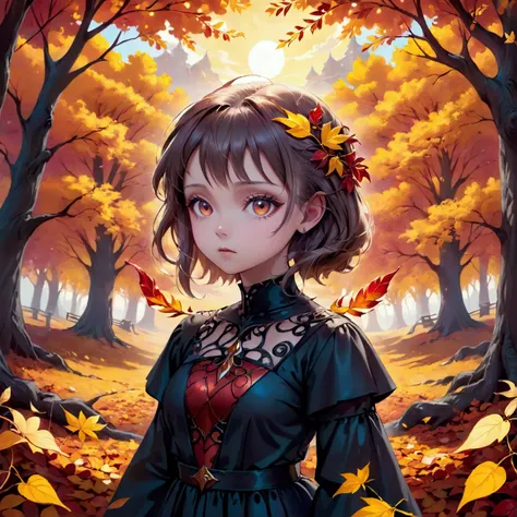 Costumed, A serene girl stands in a vibrant autumn scene, surrounded by swirling red, orange, and yellow leaves, 1girl,,Illusion...