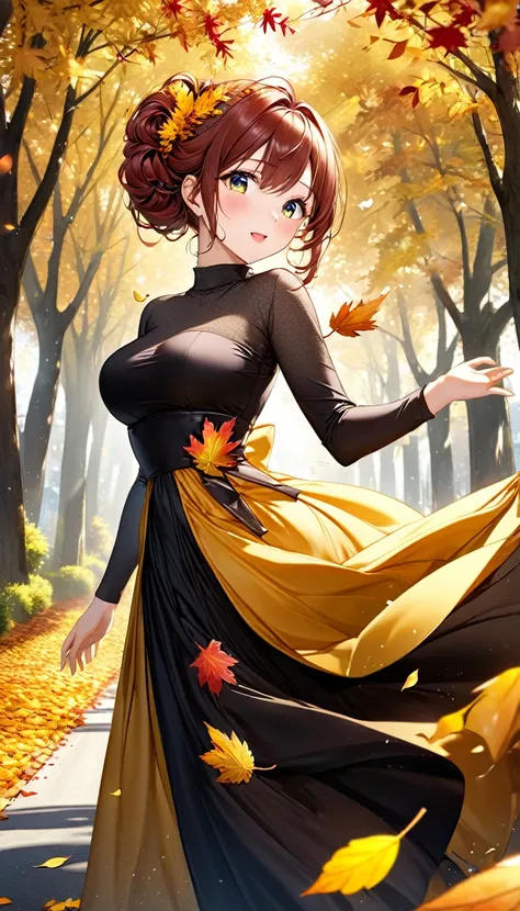 real cool beauty, excited to catch the falling leaves, glossy silky half updo, amorous expression, cortesy, elegance, dignity, c...