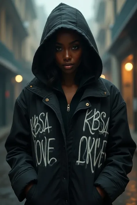 Create an image of a dark-skinned woman. Wearing a  . hooded coat with graffiti that says kbsa one love