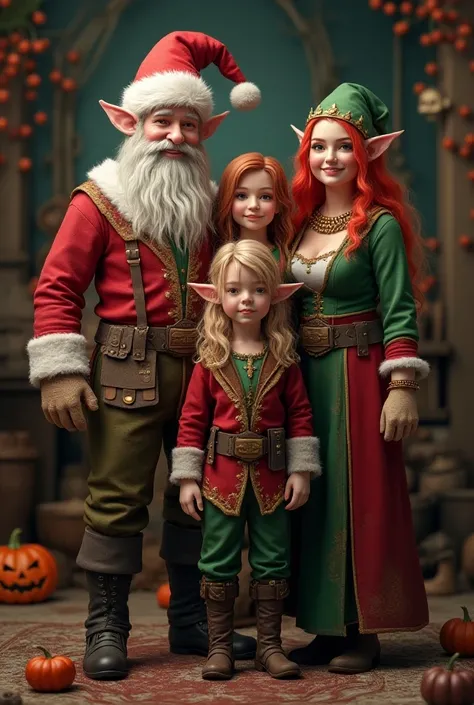 A family of santa Elfs workers, wearing elvish costumes, creating toys, A father, A Mother, A daughter, A son, happy taking a fa...