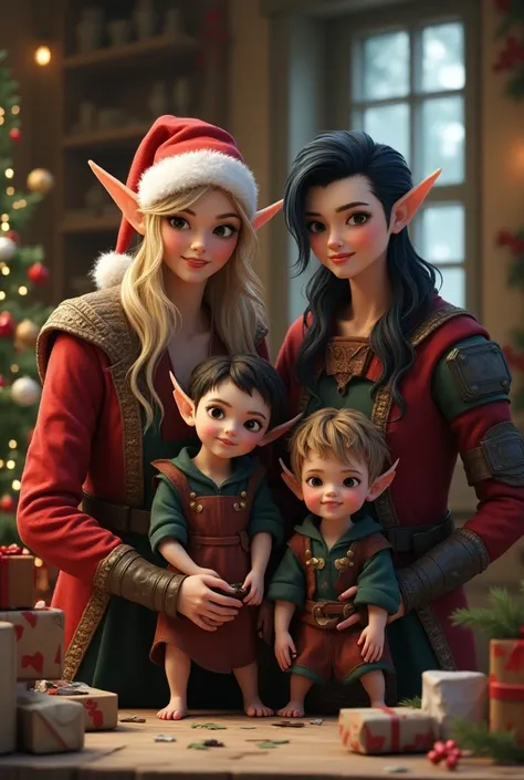 A family of santa Elfs workers, wearing elvish costumes, creating toys, A father, A Mother, A daughter, A son, happy taking a fa...