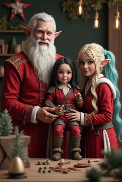 A family of santa Elfs workers, wearing elvish costumes, creating toys, A father, A Mother, A daughter, A son, happy taking a fa...