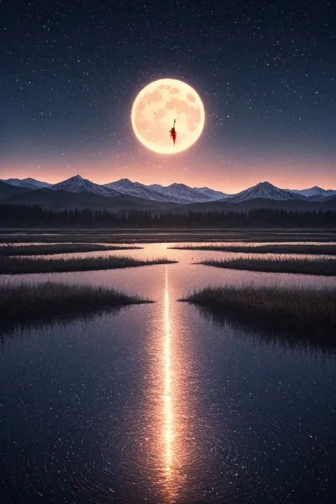 Very starry night. A huge moon behind the mountain. A tranquil lake reflects the night. The sunset is accompanied by flying cran...
