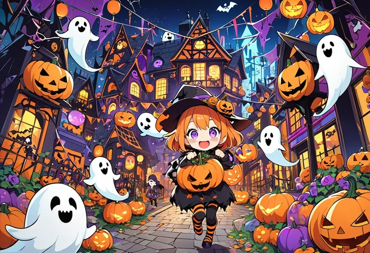  Halloween cityscape ,  colorful pumpkins , Home々 ghosts and cobwebs decorated on {x}, rens costumes ,  full of excitement ,  de...