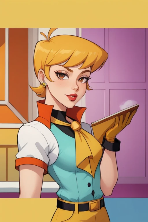 Dexter&#39;s mother. Short hairstyle. ginger. green eyes.  big boobs and perching. huge hips. yellow gloves. lingerie sexy. jump...
