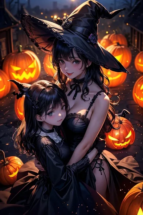 in group photograph, Two Adult Women(Rhizomuse:1.2, Hugging from behind), (2females, pair:1.2), Downtown at night、cozy wallpaper...