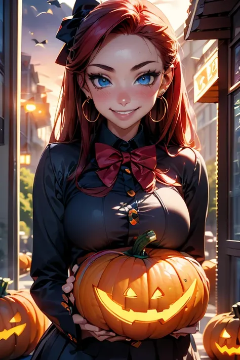 1 girl, Alone,  looking at the viewer , smile, blue eyes, ((jewelry)), ((Red hair)) Hair bow,  High resolution,  masterpiece ,  ...