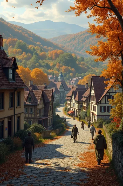 Autumn 1944 in Bastogne, Belgium: A serene autumn landscape in a small Belgian town, with a hint of war in the background.