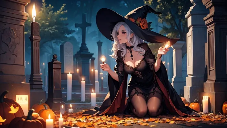 A very pretty witch in a cemetery with candles and pumpkins scattered,  performing a macabre ritual , very sexy witch , realisti...
