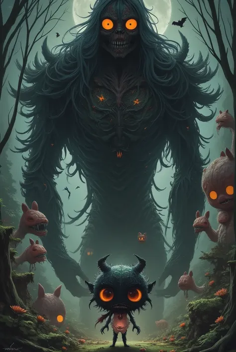 strange, mysterious and dark artwork, slightly horror-like Halloween monsters, masked figures, giants, Alice in Wonderland and C...