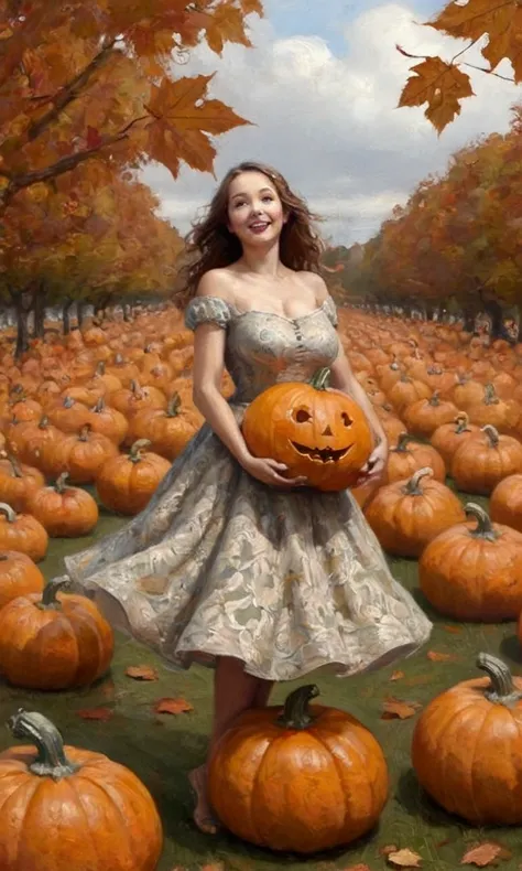 A bunch of dancing pumpkins (pumpkin head, cute woman vine body, fall leaf dress0, moonlit festival,, hyper realistic
