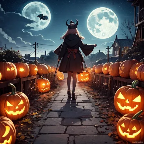 Illustration wallpaper， Haunted Nights  ， Halloween 、 Strange City  、Eerie cityscape、  Moonlight Night Legends 、 Pumpkins with a...