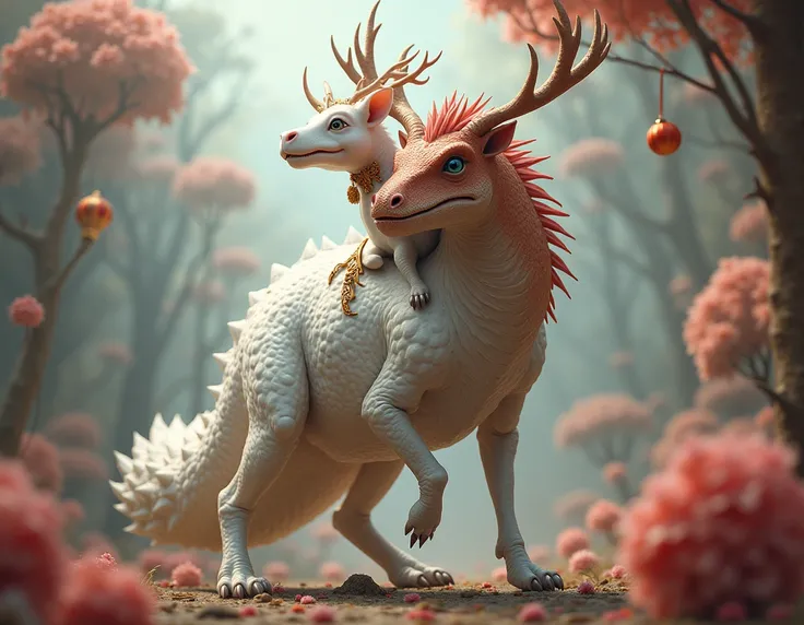 A white dragon combined with a deer that half of the dragon is brown with the head of a dinosaur with a pomni from Digital Circu...