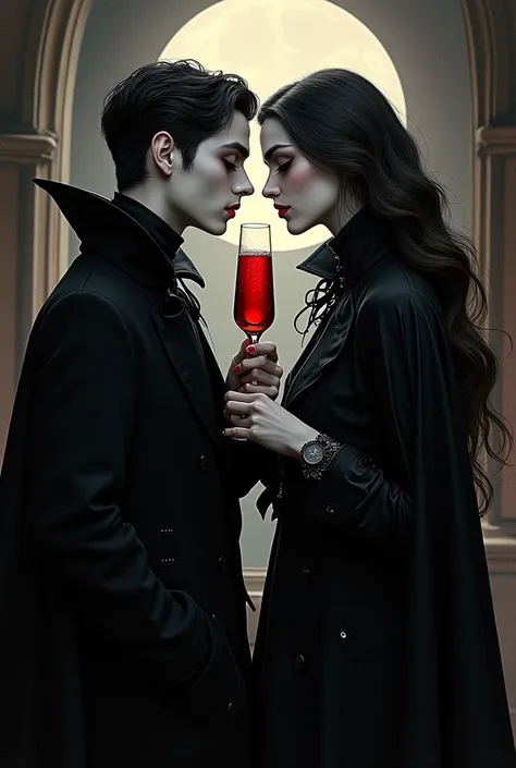 illustration painting portrait of a couple of Vampire in high collar black trench sipping red liquid from champagne glass, black...