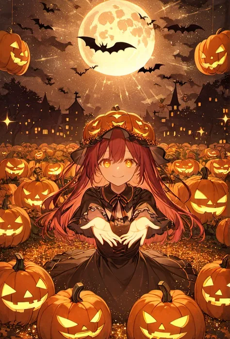 (( glitter))、Glowing picture 、 long hair、 one woman,Spread your hands high ,  big lots of pumpkins , Halloween , Halloween 風、Uni...