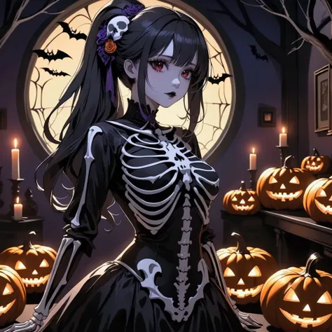 "An alluring anime girl with a curvy, big-figure stands in a dimly lit Halloween-themed room, decorated with eerie shadows and s...