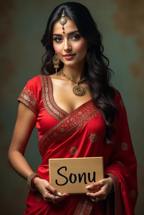 A indian women , wear red saree , deep clevage show , and holding a wooden board in write sonu name