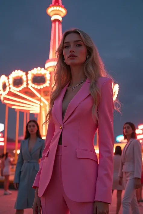 60s　 retrofuturistic 　amusement park　Night　FEMALES　full bodyesbian　high fashion,   Russian face Ekaterina Enokaeva 　 blonde. ,  ...