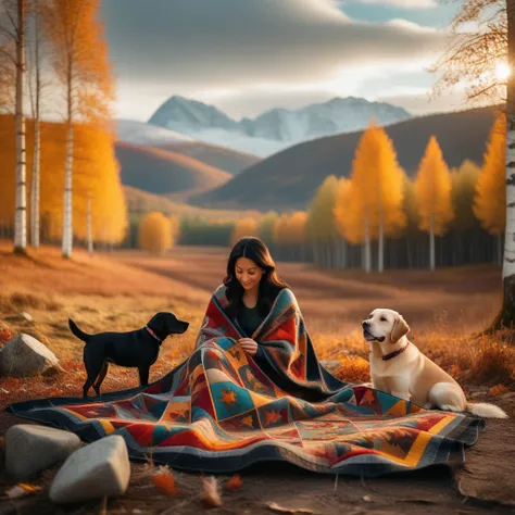 Landscape, a wide shot of a woman, balck hair, is sewing a wide patchwork blanket, with irregular triangular wefts with warm col...