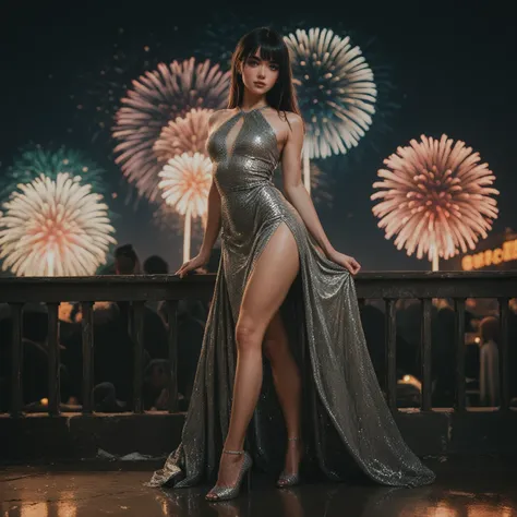  sexy girl with grunge style black hair and bangs ,  green eyes, with a sequin neckline dress in black ,  silver heels and firew...