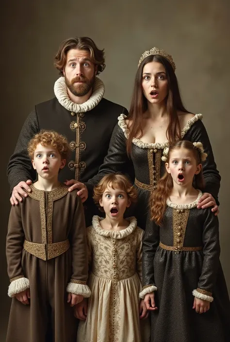 Commemorative photo of a family of five taken at a photo studio, medieval European aristocrats, surprised and with eyes popping ...