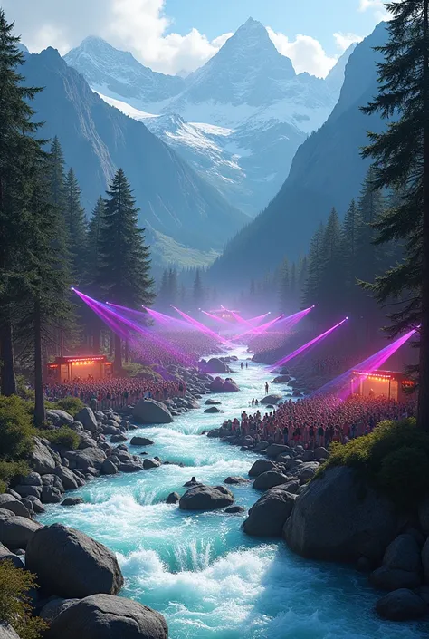  Rave party in  tha bank of river,White water river and alpine trees and rocks and mountain 