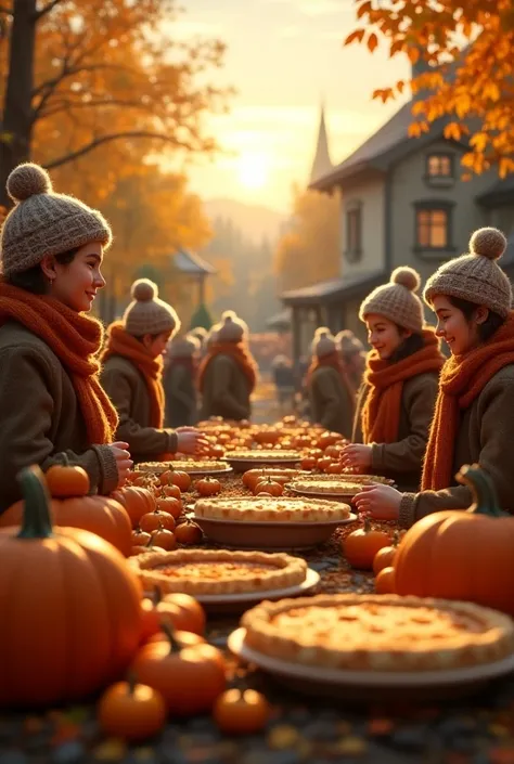  Autumn festival in the village ,  golden leaves , pumpkins, people in warm scarves ,  setting sun and fragrant pies on the holi...