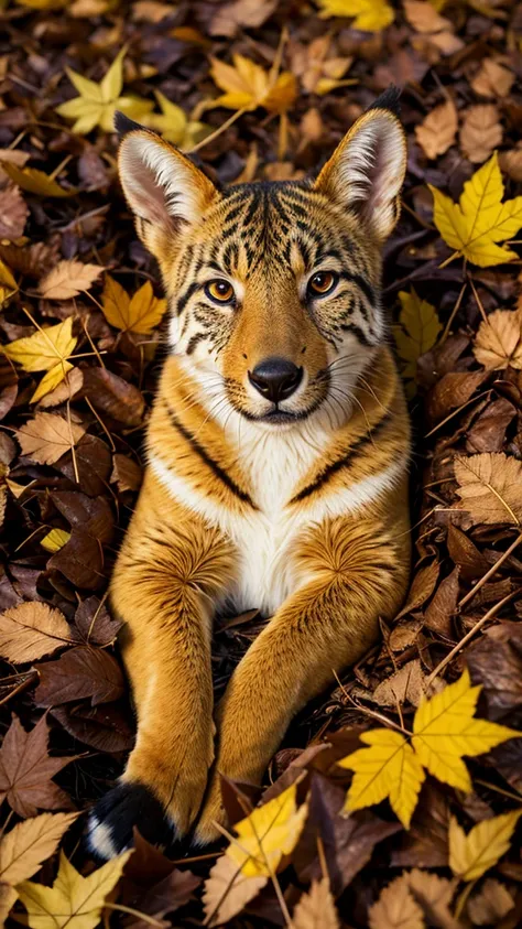 An animal buried in fallen leaves, only a little of its face is visible.