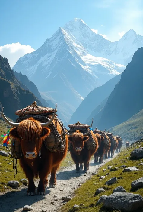 Yaks in nepal  carrying loads 