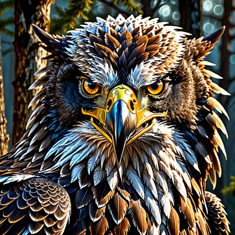 a crossbreed of eagle with wolf, beautiful detailed eyes, beautiful detailed face, beautiful detailed fur, feathers, wings, shar...
