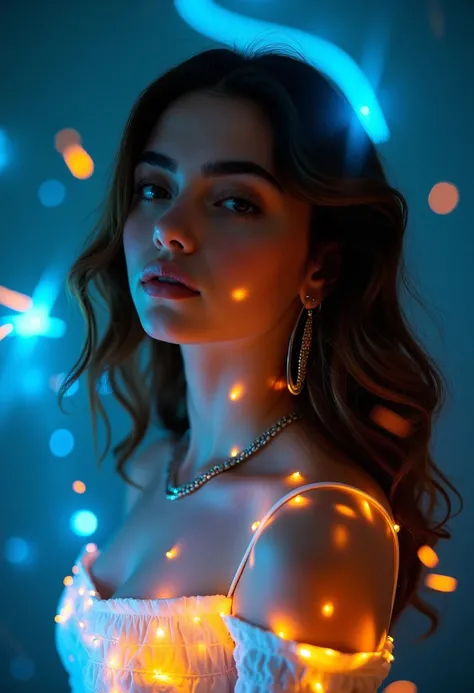 The image is a photograph with a surreal, abstract aesthetic, blending elements of light painting and portrait photography. The ...