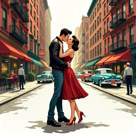 Do one of a 1950s couple kissing , rockabilly. In the middle of the street in New York in the 1950s.  1950.  White background. (...