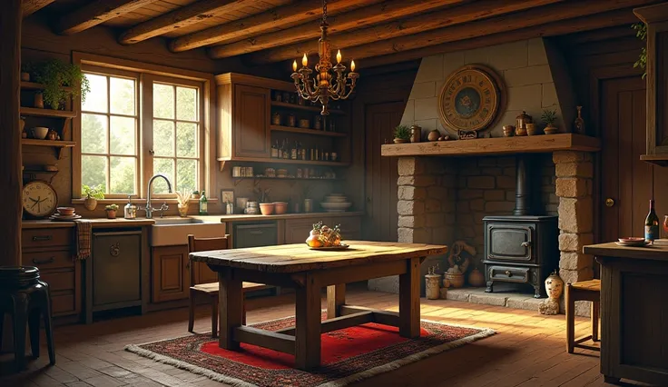 rustic cabin, old wood table, kitchen, bottle of wine, 