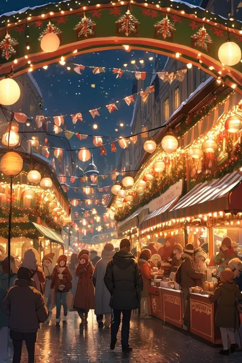 In a traditional Christmas market, the air is filled with the delicious aroma of sizzling sausages, hot chocolate, and sweet gin...