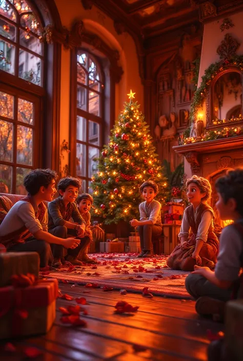 The image shows a warm living room with a red flame burning in the stove, adding to the warmth of winter nights. The Christmas t...